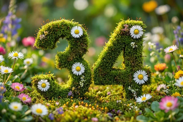 Een weelderig groen moskader vormt het getal 34 en is versierd met witte madeliefjes in een landelijke tuin vol kleurrijke bloemen.
