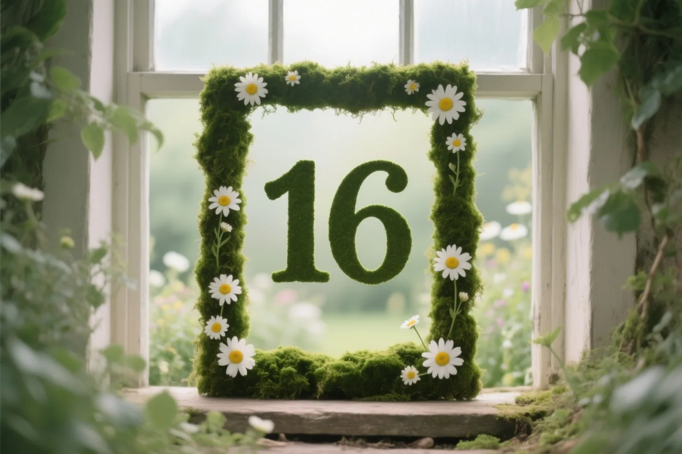 Een vierkant moskader met een uitgesneden 16 en madeliefjes staat op een vensterbank in een landelijke tuin.