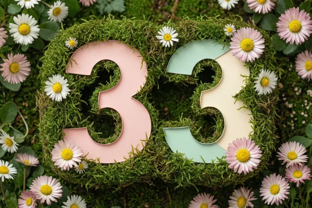 Het getal 33 is uitgespaard in een groen moskader, omringd door madeliefjes in een landelijke tuin met roze en witte accenten.