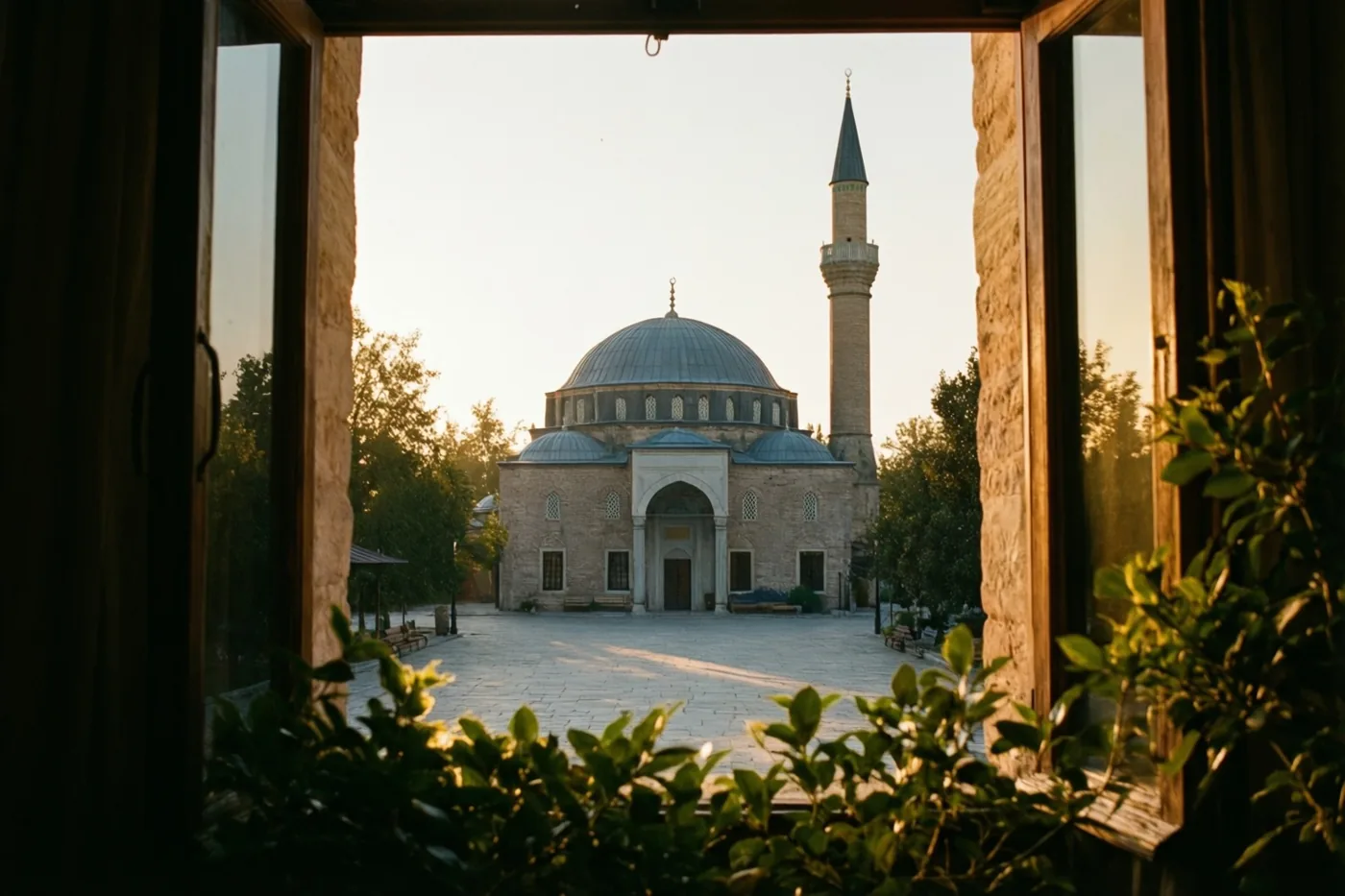 Door een open raam is een moskee met koepel en minaret aan een rustig stenen plein te zien, met groen op de voorgrond en bomen in het gouden ochtendlicht.