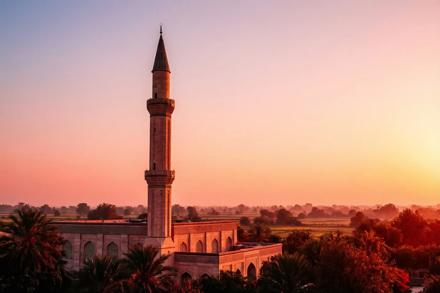 Een moskee met een slanke minaret staat tussen bomen en velden onder een oranje en roze hemel bij zonsopgang.