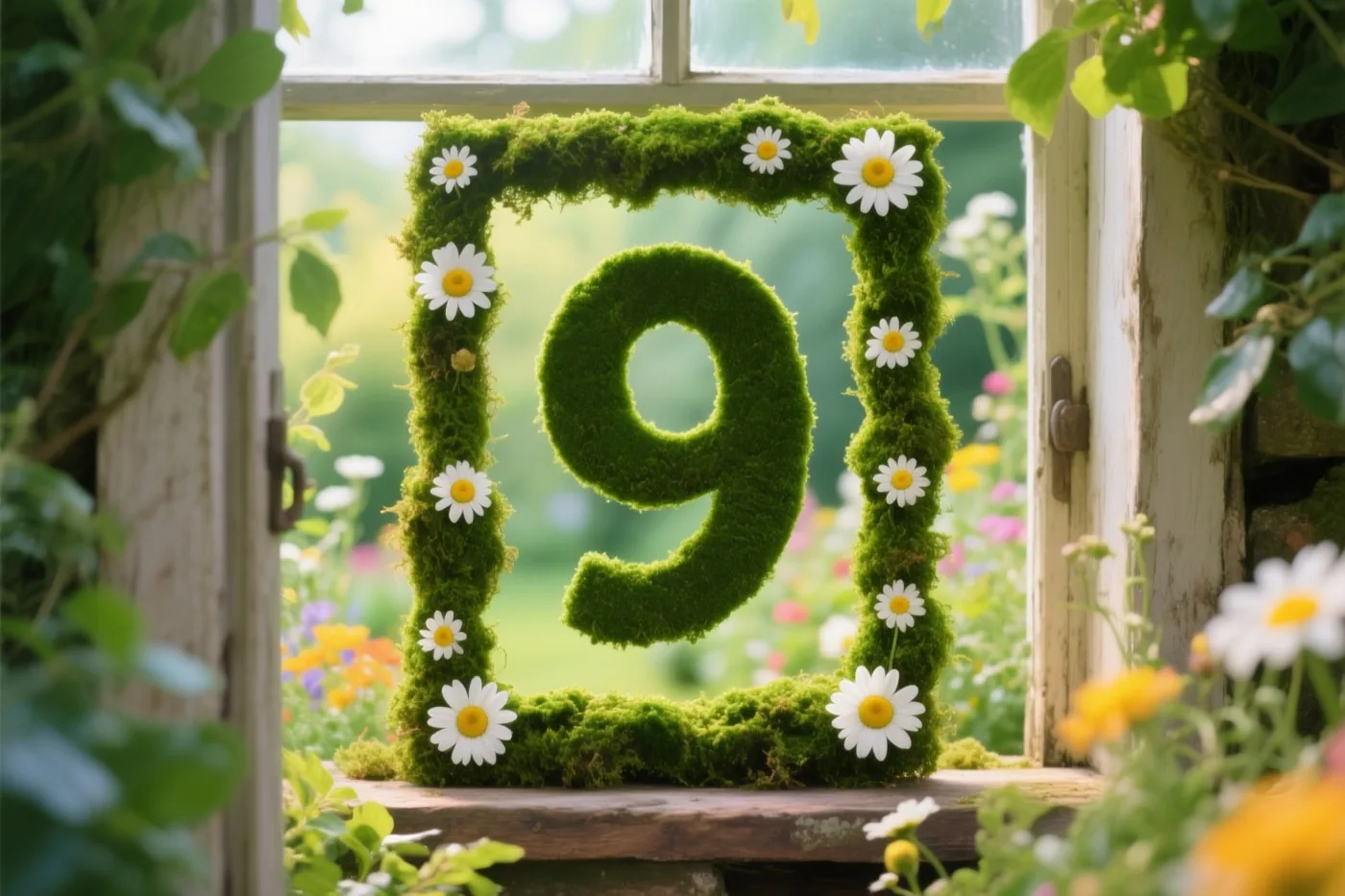 Een 9 van groen mos staat op een houten vensterbank tussen madeliefjes en een rand van mos, met door een open raam uitzicht op kleurrijke bloemen in een landelijke tuin.