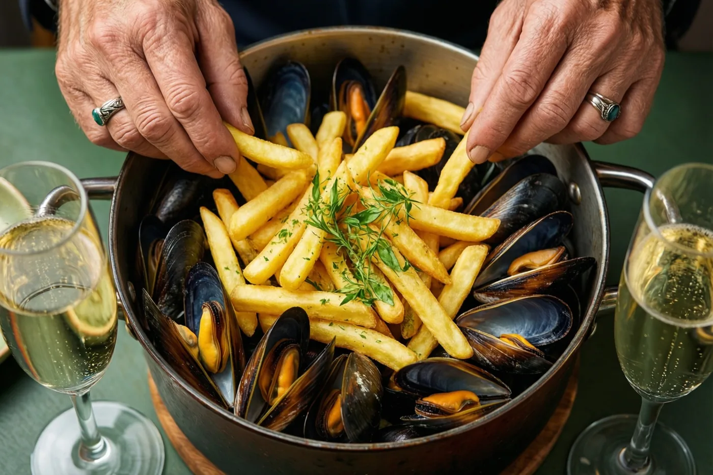 Twee handen met ringen reiken in een pot met mosselen en frieten, met aan weerszijden een champagneglas op een groene tafel in warm licht.