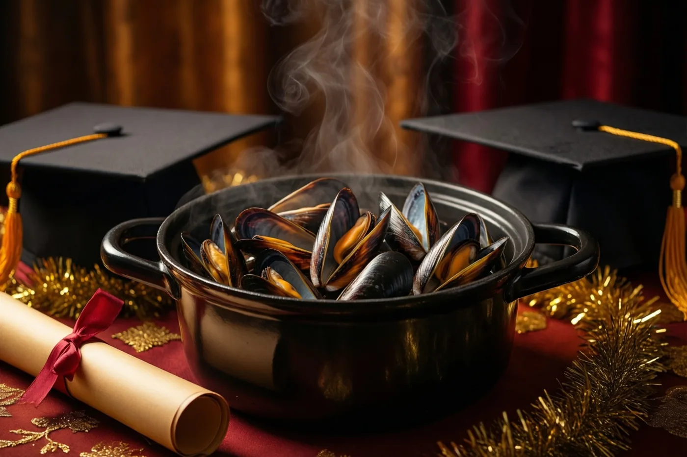 Een dampende pot mosselen staat op een rood tafelkleed tussen gouden slingers, een opgerold diploma met een rood lint en twee afstudeerhoedjes.