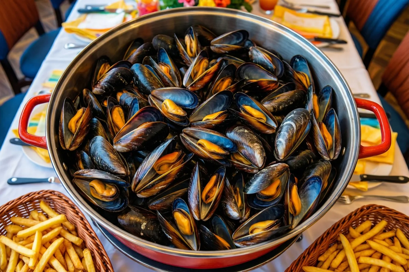 Een grote metalen pot gestoomde mosselen en twee manden goudgele frieten staan op een lange tafel met een wit tafelkleed en kleurrijk gedekte plaatsen.