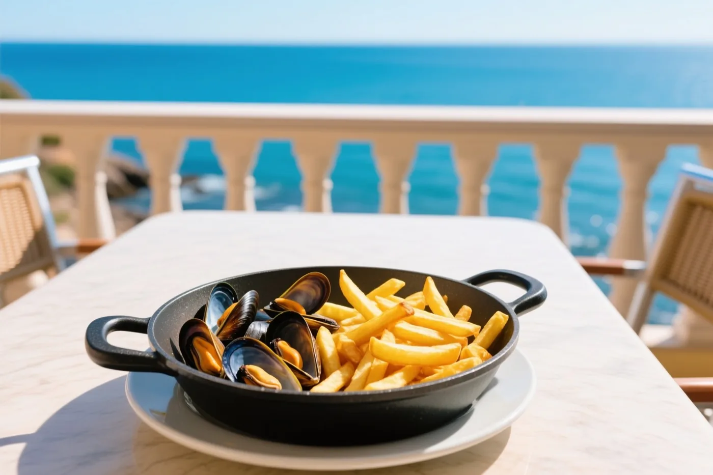 Een zwarte pot mosselen met goudgele frieten staat op een wit bord op een marmeren terrastafel, met een blauwe zee en witte balustrade op de achtergrond.
