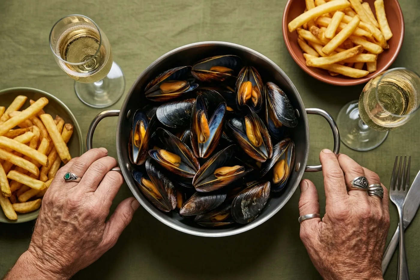 Twee handen met ringen houden een pot mosselen vast, omringd door kommen frieten en champagneglazen op een groen tafelkleed.