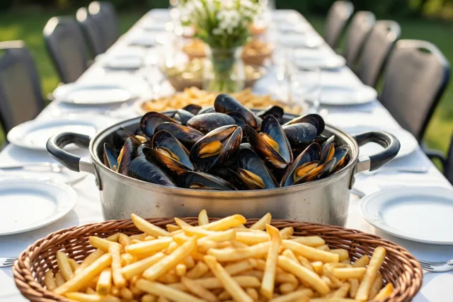 Mosselen eten in de zon