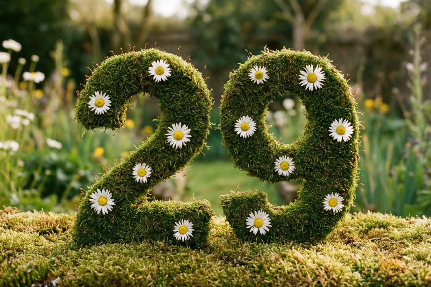 Het getal 29 is gevormd uit een mossige groene haag met witte madeliefjes, met onscherp gebladerte in een landelijke tuin erachter.
