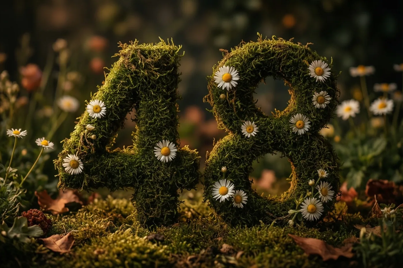 Een mossige groene haag in de vorm van 48 is versierd met witte madeliefjes in een landelijke tuin met afgevallen bladeren.
