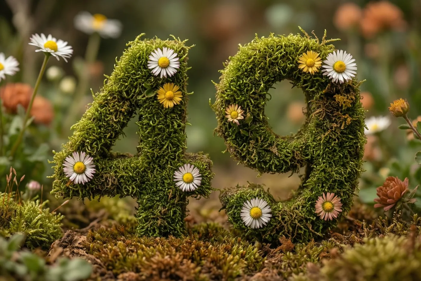 Het getal 49 van mossig groen materiaal in de vorm van een haag is versierd met madeliefjes in een landelijke tuin met een onscherpe achtergrond.