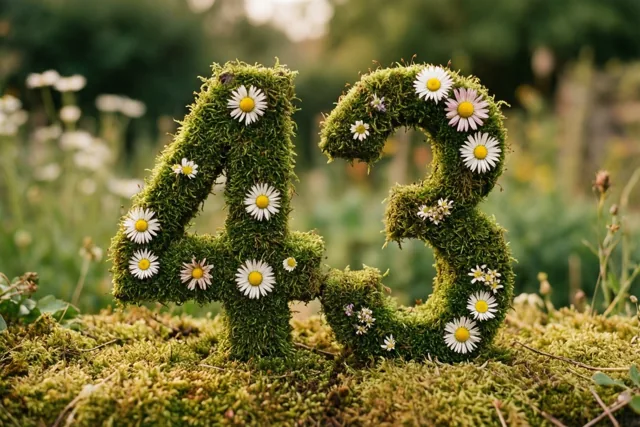 Een mossige groene haag in de vorm van 43 is versierd met madeliefjes in een landelijke tuin met groene, witte en gele tinten.
