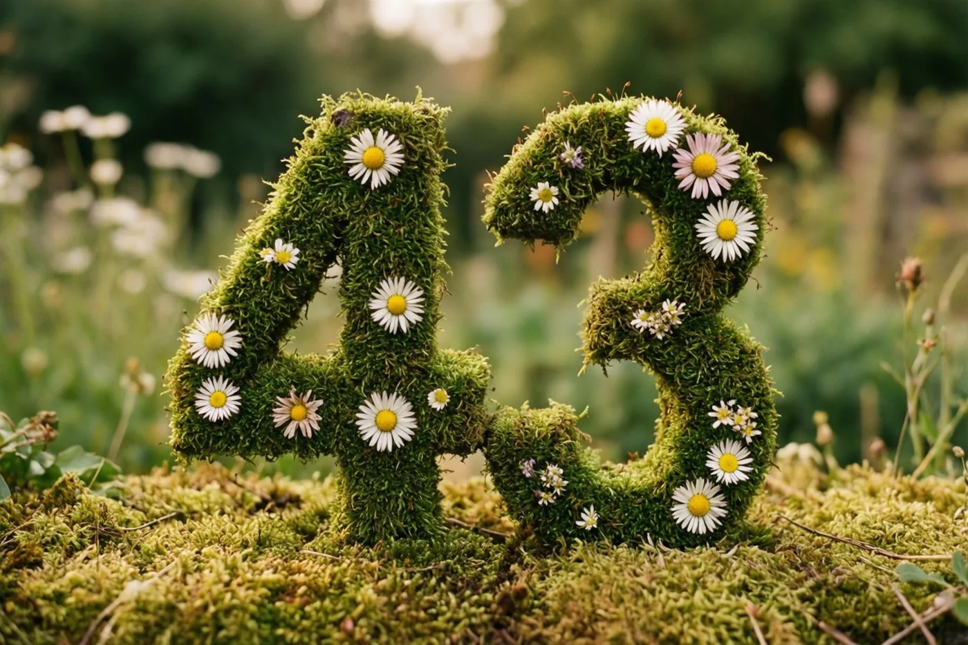 Een mossige groene haag in de vorm van 43 is versierd met madeliefjes in een landelijke tuin met groene, witte en gele tinten.