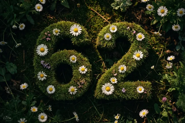 Een mossige groene haag vormt 62 met witte madeliefjes in een landelijke tuin met groen op de achtergrond.