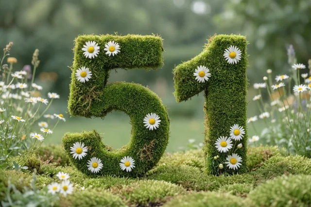 Een mossige groene haag vormt 51 en is versierd met witte madeliefjes in een landelijke tuin met een onscherpe natuurlijke achtergrond.