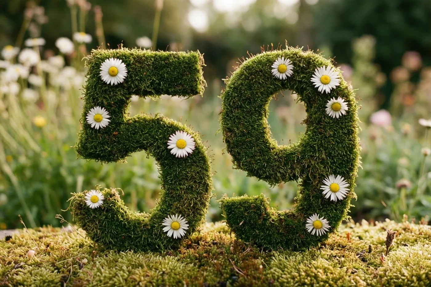 Een mossige groene haag vormt 59 met witte madeliefjes in een landelijke tuin met onscherpe bloemen op de achtergrond.