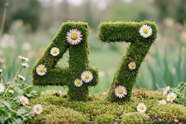 Een groene, mossige haag vormt 47 en is versierd met madeliefjes in een zacht weergegeven landelijke tuin.