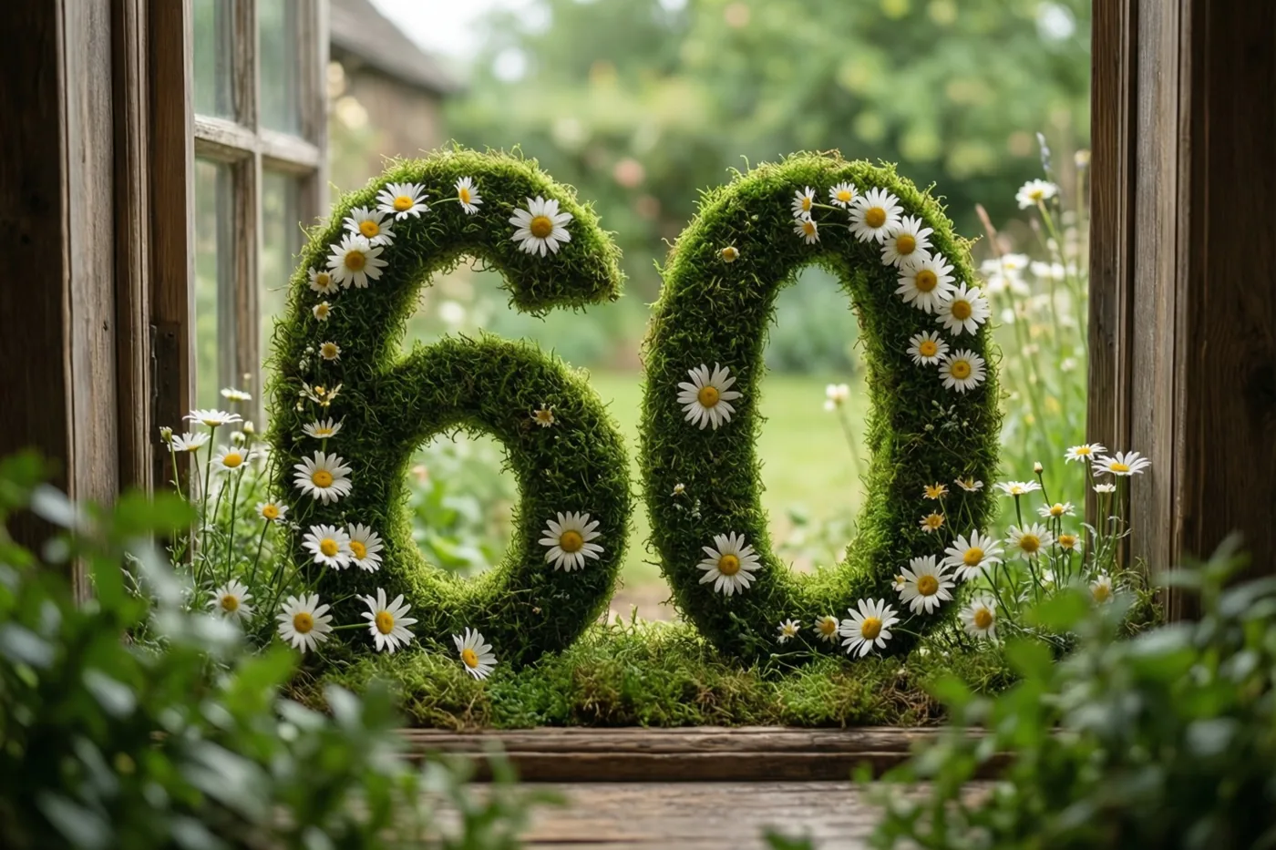 Een groen mosraamwerk in de vorm van 60 met witte madeliefjes staat op een houten vensterbank, met een onscherpe tuin op de achtergrond.