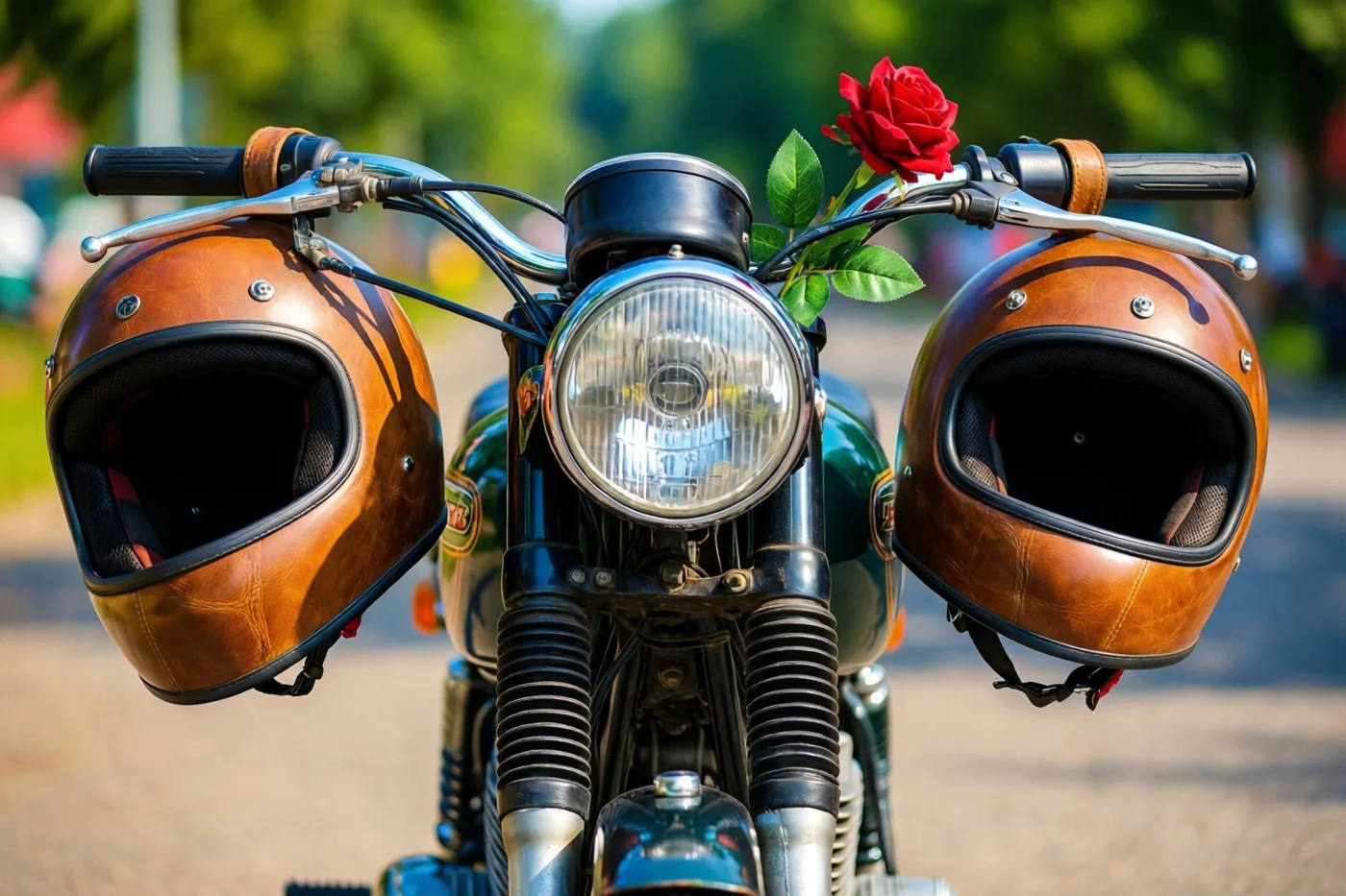 Een klassieke motor uit de jaren zestig staat buiten in helder daglicht met twee bruine leren helmen aan het stuur en een rode roos ertussen, tegen een wazige groene achtergrond.