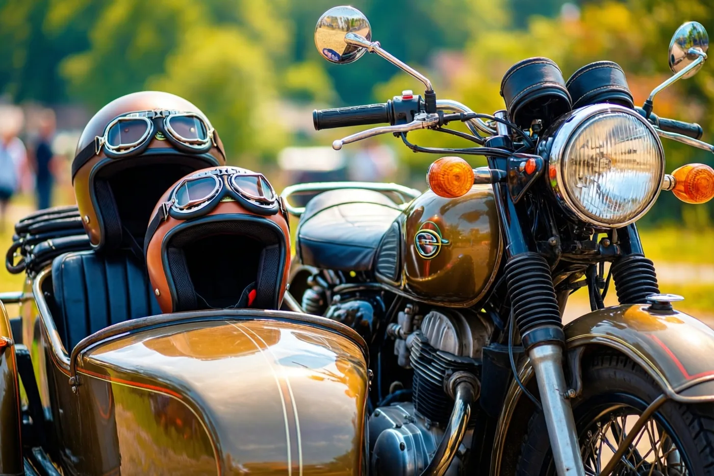 Op de zitplaatsen van een oude motor met zijspan liggen een grote en een kleine leren helm met brillen, buiten in een zonnige groene omgeving.
