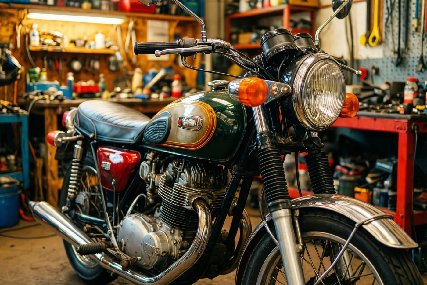 Een oude motorfiets met een groene tank en chromen details staat in een volle garage met houten rekken, gereedschap en een rode werkbank.