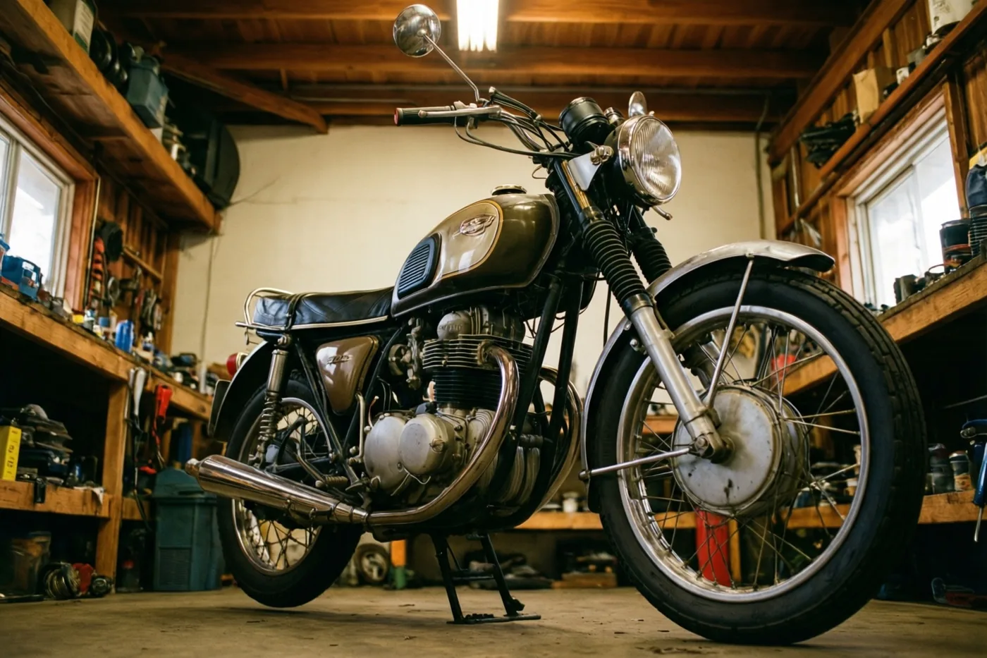 Een oude motorfiets staat op een standaard in een volle houten garagewerkplaats, verlicht door daglicht van de ramen en van boven.