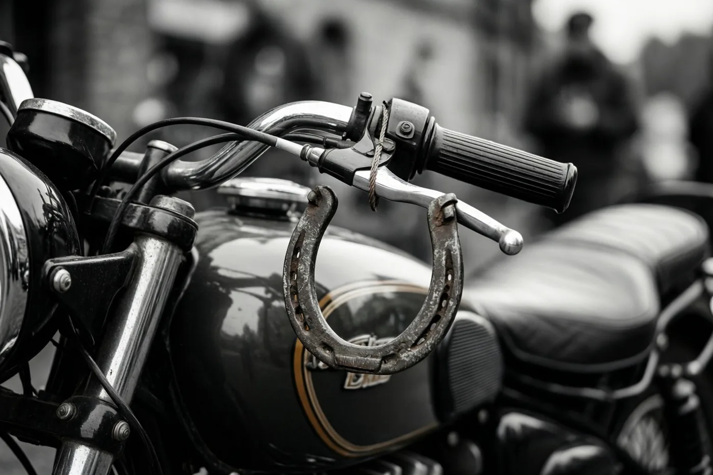Een oud, verweerd hoefijzer hangt aan het stuur van een oude motorfiets, van dichtbij weergegeven in zwart-wit.