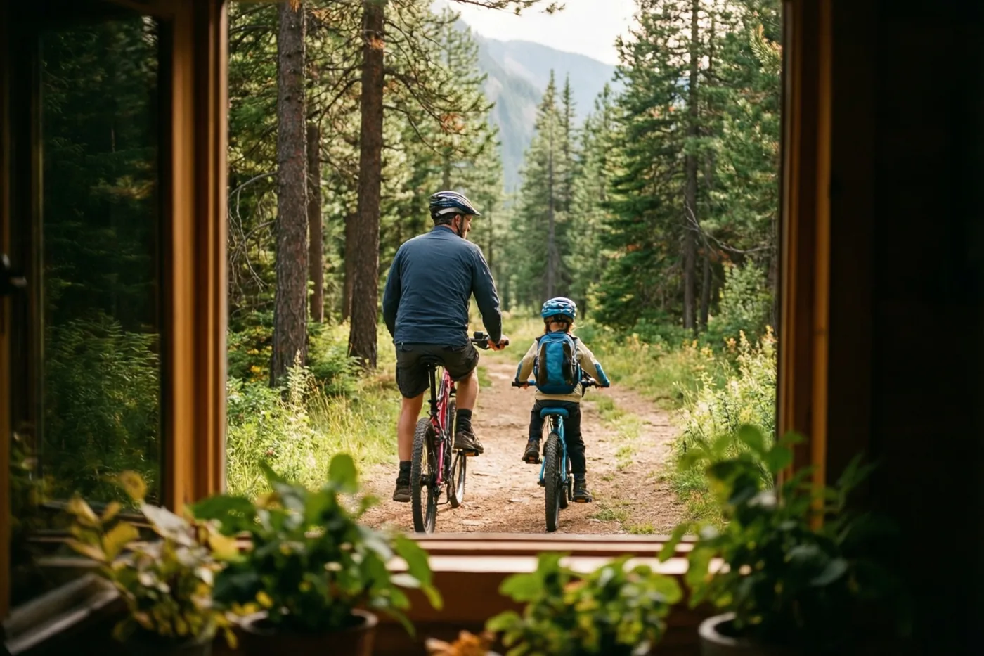 Door het houten raam van een hut, met potplanten op de voorgrond, zijn een vader en kind van achteren te zien op mountainbikes op een pad door een dicht dennenbos.