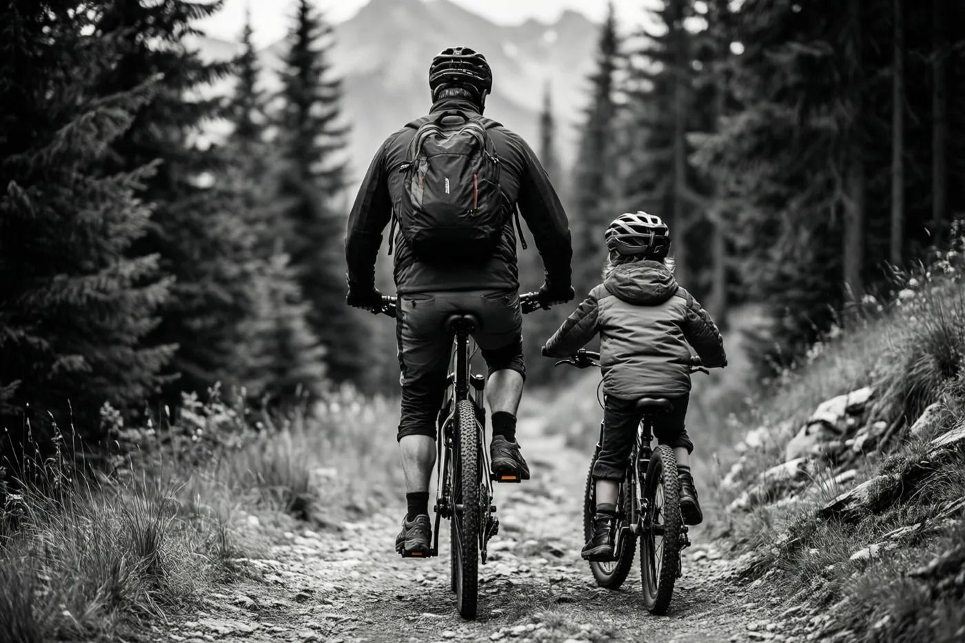 Een vader en kind rijden van achteren gezien op mountainbikes over een bospad in een zwart-witbeeld.