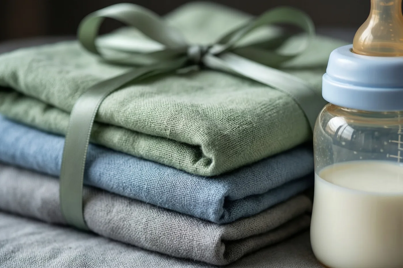 Opgevouwen mousselinedoeken in gedempt groen, blauw en grijs zijn samengebonden met een saliegroen lint en liggen naast een babyfles met melk in zacht licht.