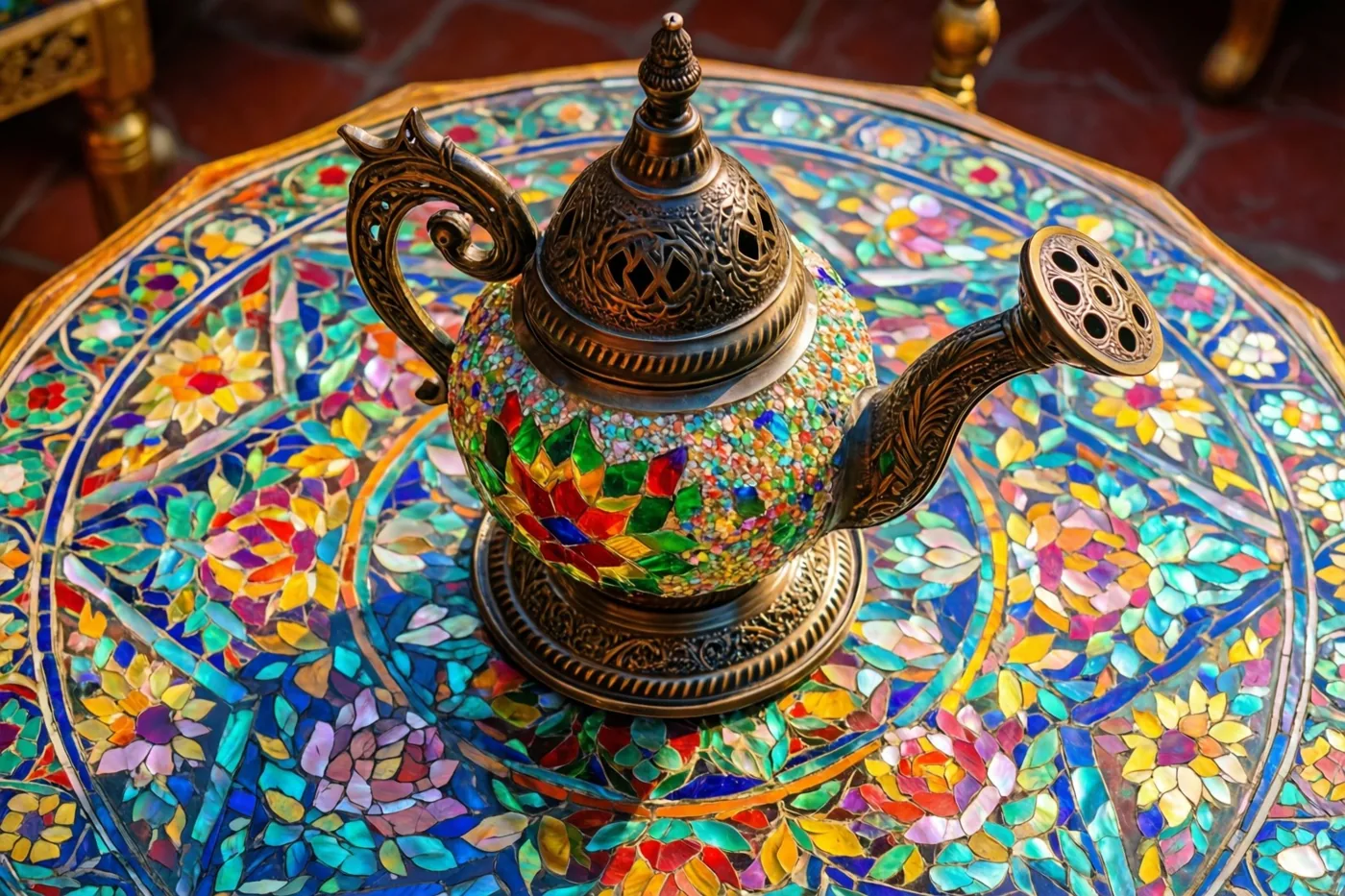 Een sierlijke theepot met mozaïek en een versierde tuit staat op een kleurrijke tafel met parelmoerinleg, omringd door bloemmotieven in warme tinten.