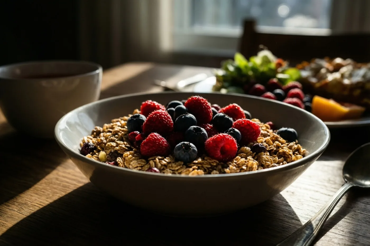 Een kom muesli met frambozen en blauwe bessen staat op een zonovergoten houten tafel, met een kop en ander eten op de achtergrond.