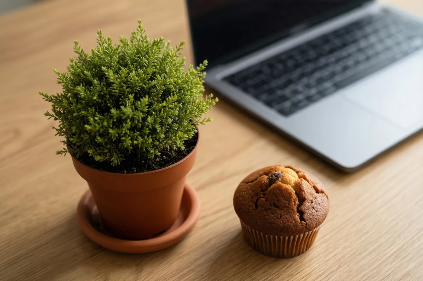 Een klein groen plantje in een pot en een muffin staan op een houten bureau naast een laptop.