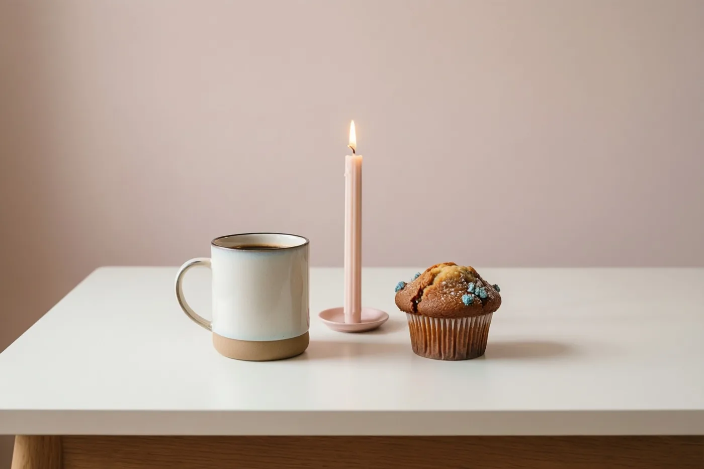 Een koffiemok, een muffin met blauwe strooisels en een brandende roze kaars staan op een wit bureau tegen een zachtroze muur.