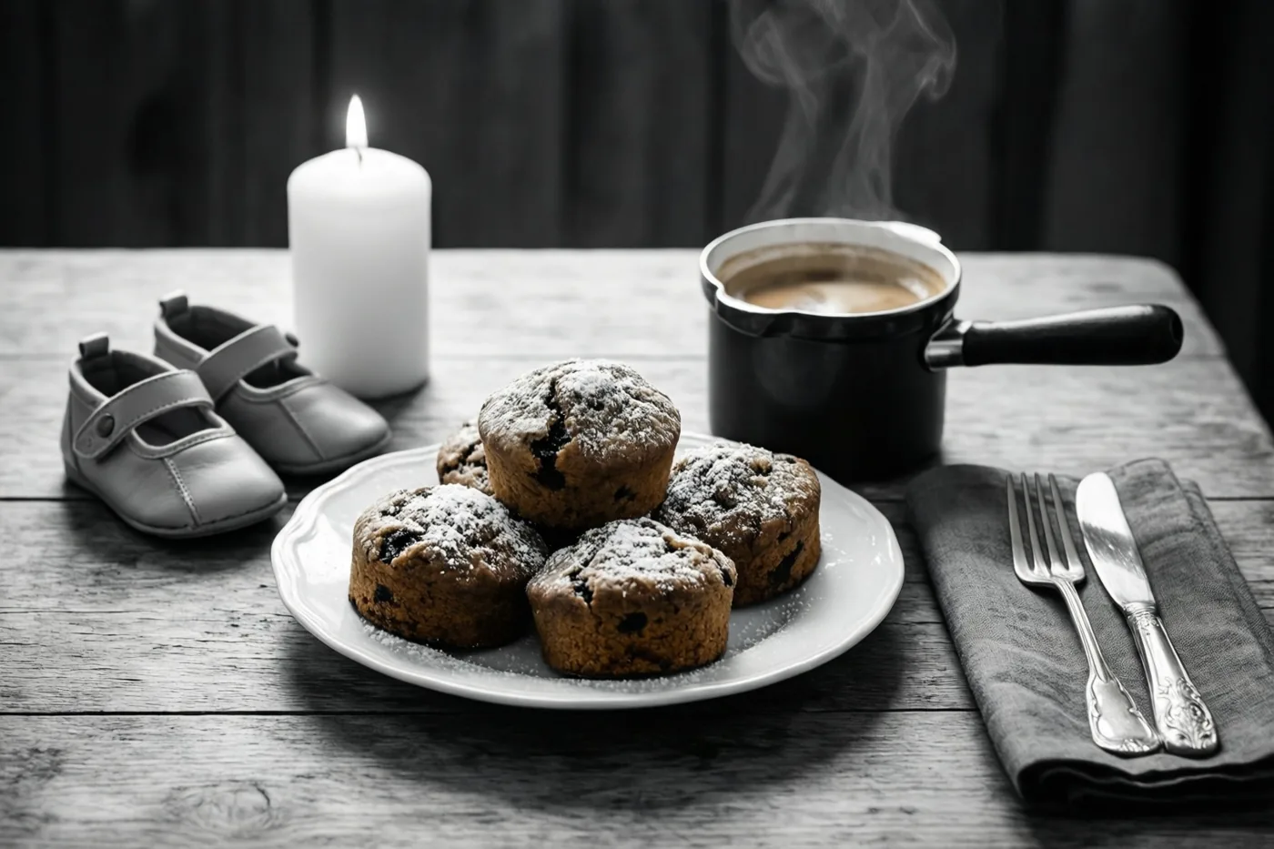 Een zwart-witfoto toont muffins en een dampende koffiepot op een houten tafel, naast een brandende witte kaars en twee kleine babyschoentjes.