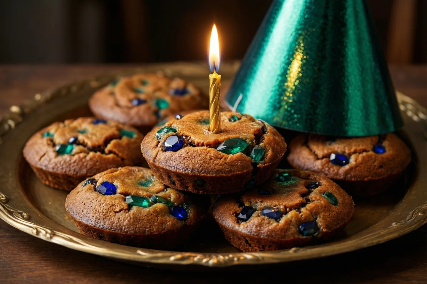 Op een goudkleurig dienblad staan muffins met blauwe en groene versieringen die op edelstenen lijken, met een brandend kaarsje in één muffin en een groen feesthoedje ernaast.