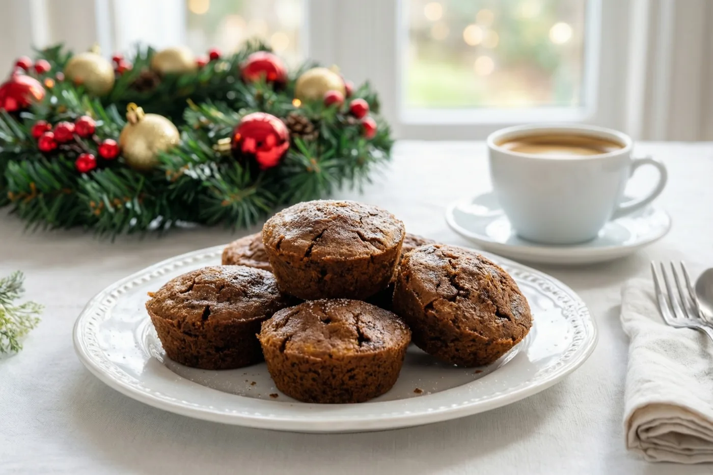 Een wit bord met bruine muffins staat op een wit tafelkleed naast een kop koffie en een kerstkrans met rode en gouden versieringen, met daglicht van een raam op de achtergrond.