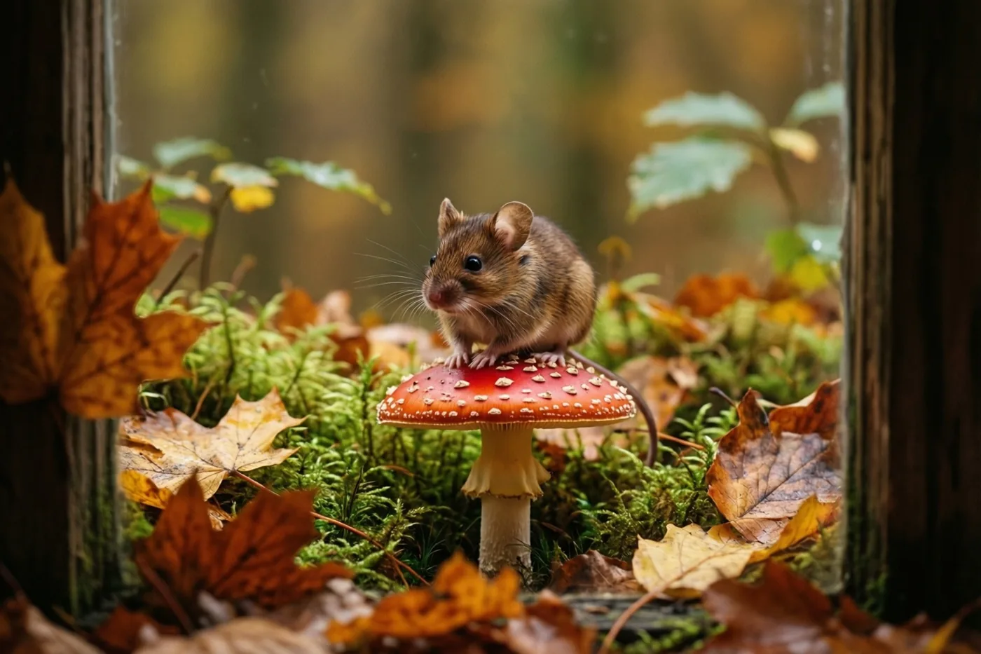 Een kleine bosmuis zit op een rode paddenstoel met witte stippen tussen mos en gevallen herfstbladeren, met houten randen rond het tafereel.