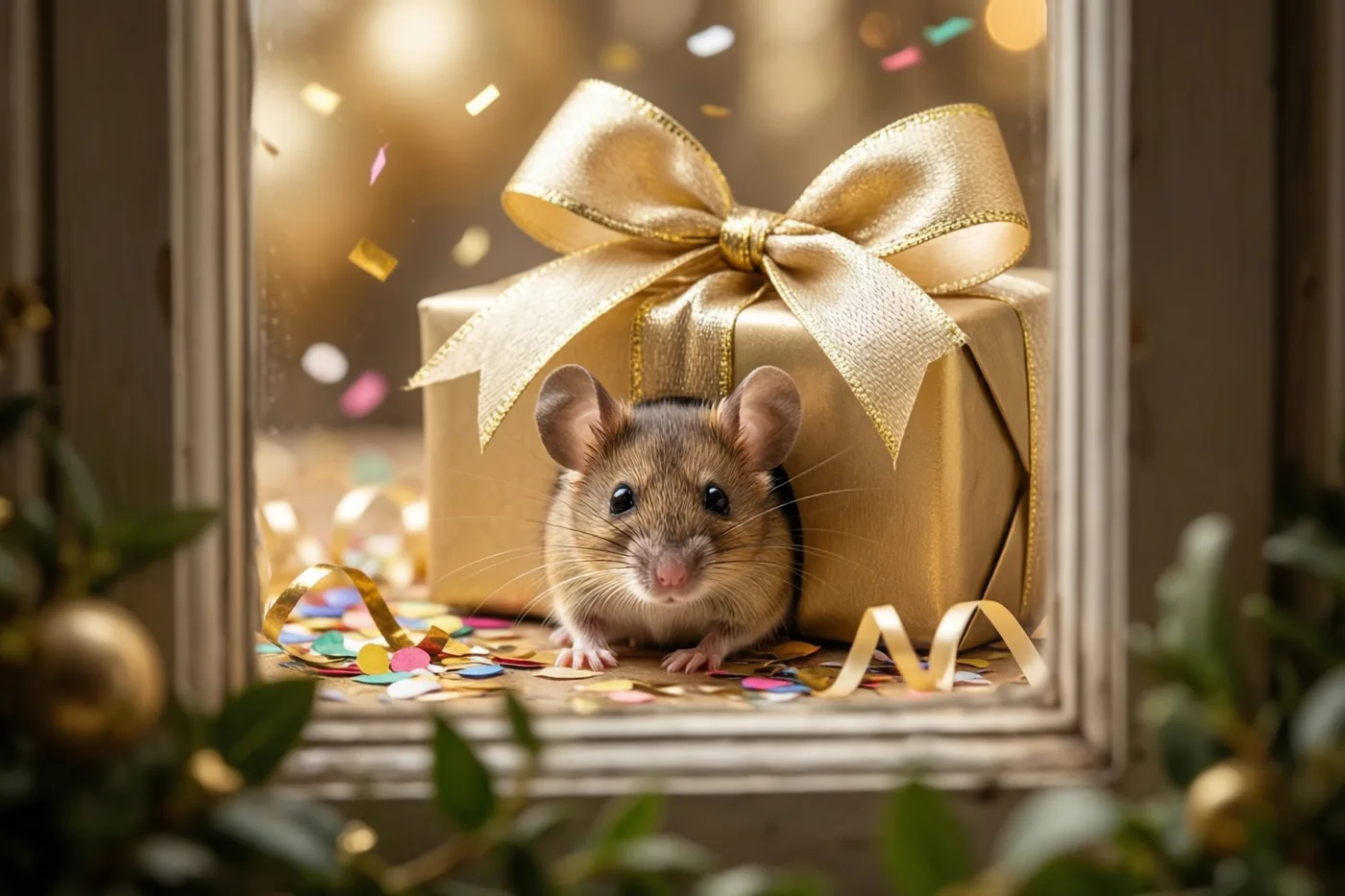 Een klein muisje gluurt achter een gouden geschenkdoos met een grote strik vandaan tussen kleurrijke confetti, binnen een raamachtig kader met groen en gouden versieringen vooraan.