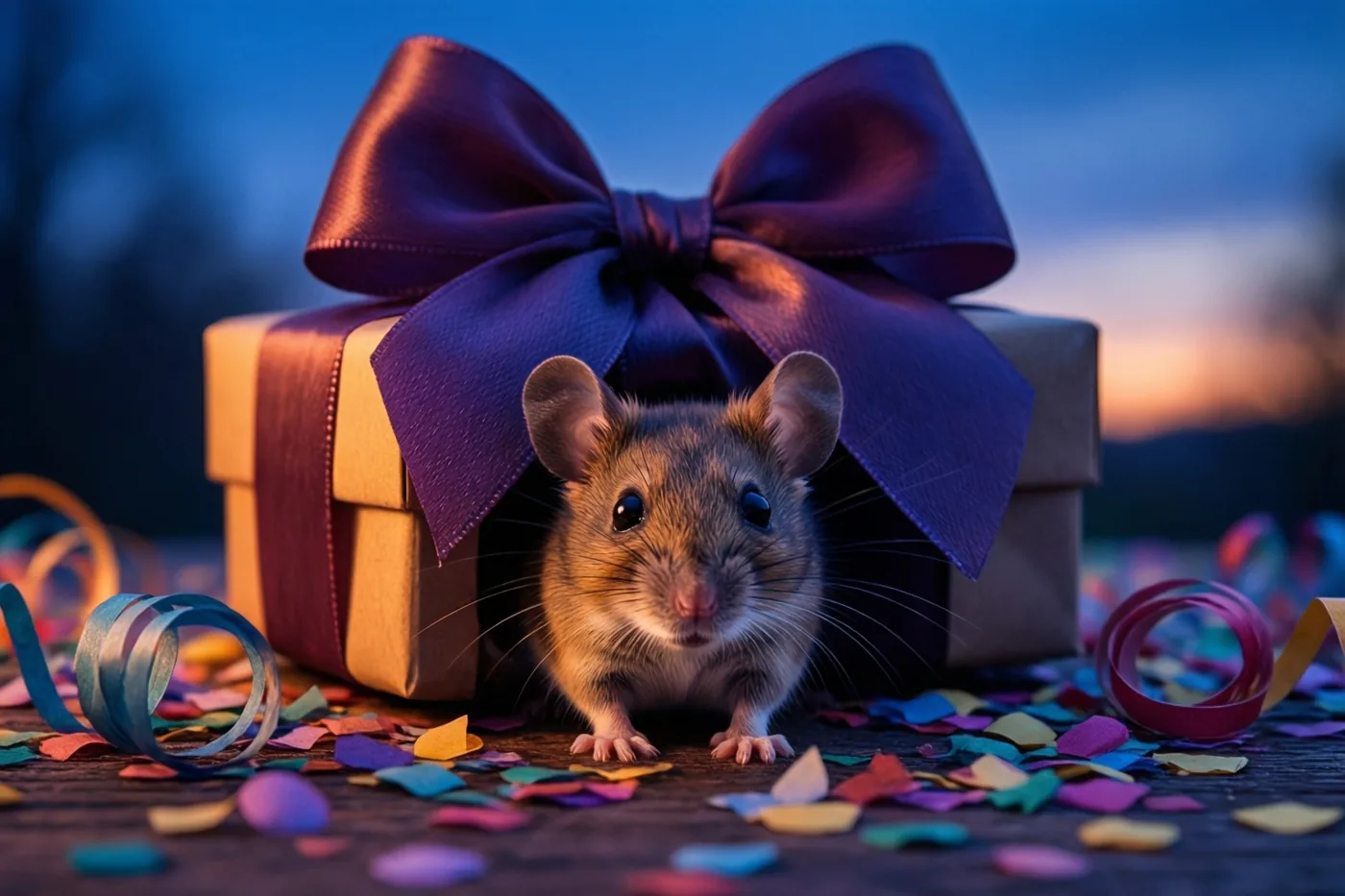 Een klein bruin muisje gluurt achter een geschenkdoos met een grote paarse strik vandaan, op een houten oppervlak met confetti tegen een blauw-oranje schemerlucht.