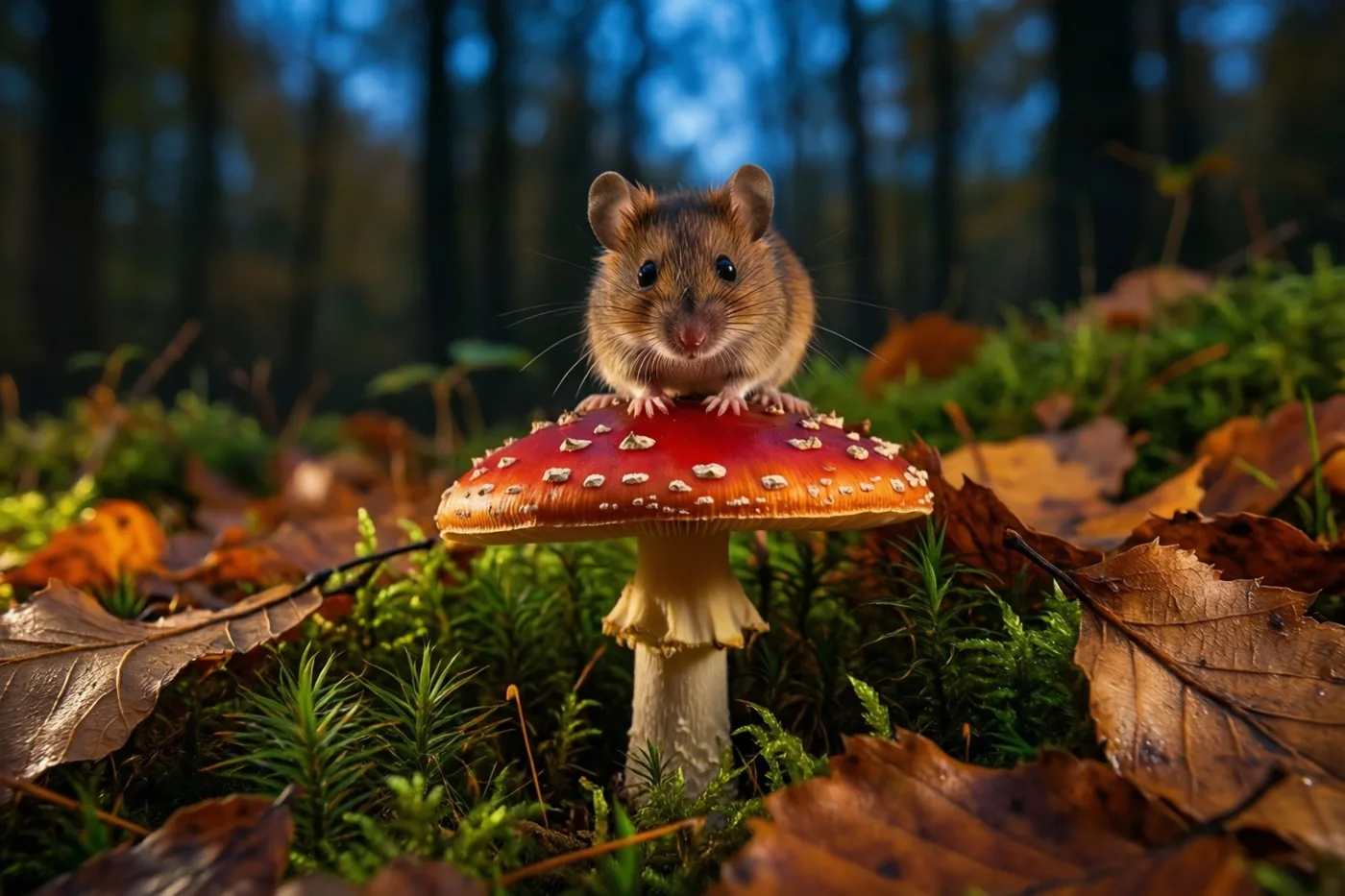 Een kleine bosmuis zit op een felrode paddenstoel met witte stippen tussen groen mos en bruine herfstbladeren in een warm verlicht bos.