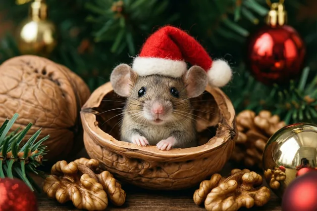 Een klein muisje met een rode kerstmuts zit in een holle walnotendop tussen kerstversiering en dennentakken.