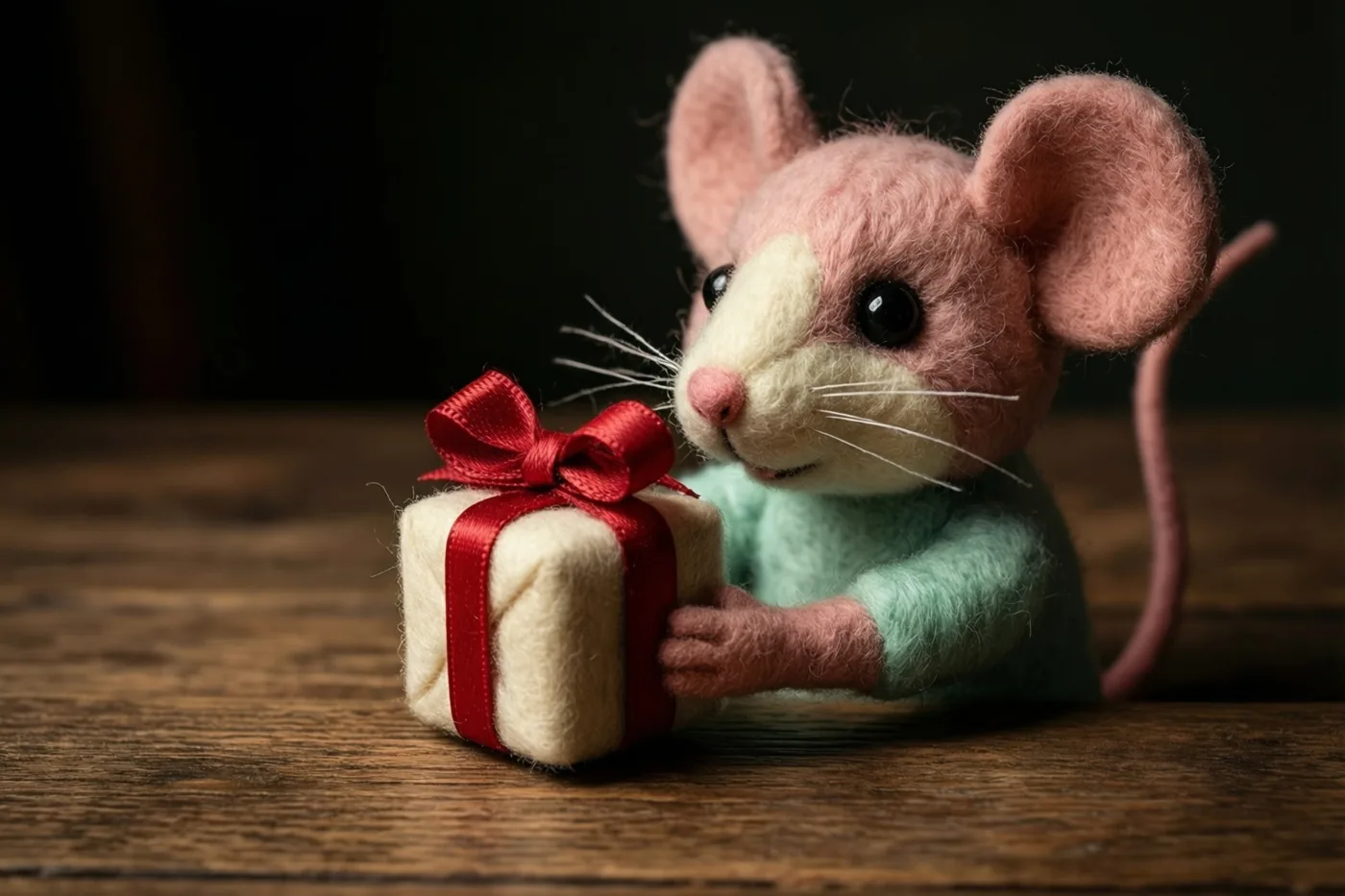 Een vilten speelgoedmuisje in een groene trui reikt op een houten tafel een klein crèmekleurig cadeau met rode strik aan tegen een donkere achtergrond.