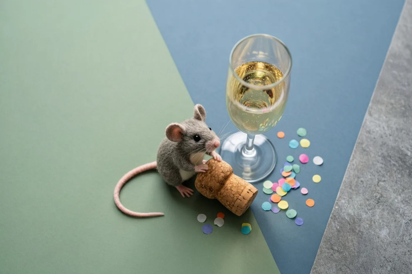 Een klein vilten muisje zit naast een champagnekurk en een glas bubbels op een groen-blauwe ondergrond met confetti, binnen een eenvoudige rand.
