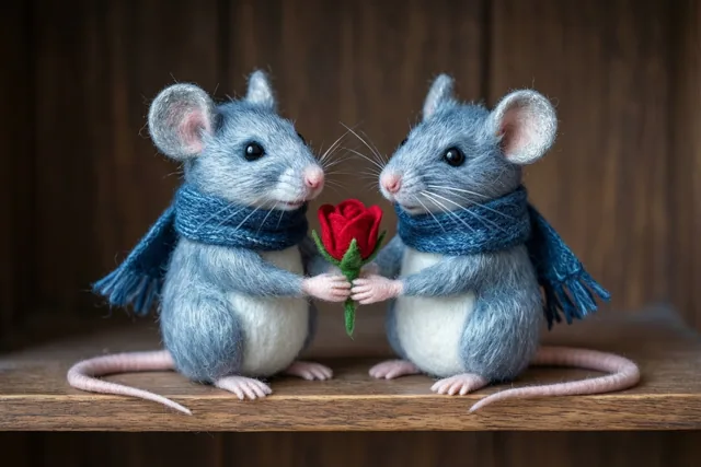 Twee vilten muizen met blauwe sjaals zitten op een houten plank en houden een rode rozenknop tussen zich in tegen een donkere houten achtergrond.