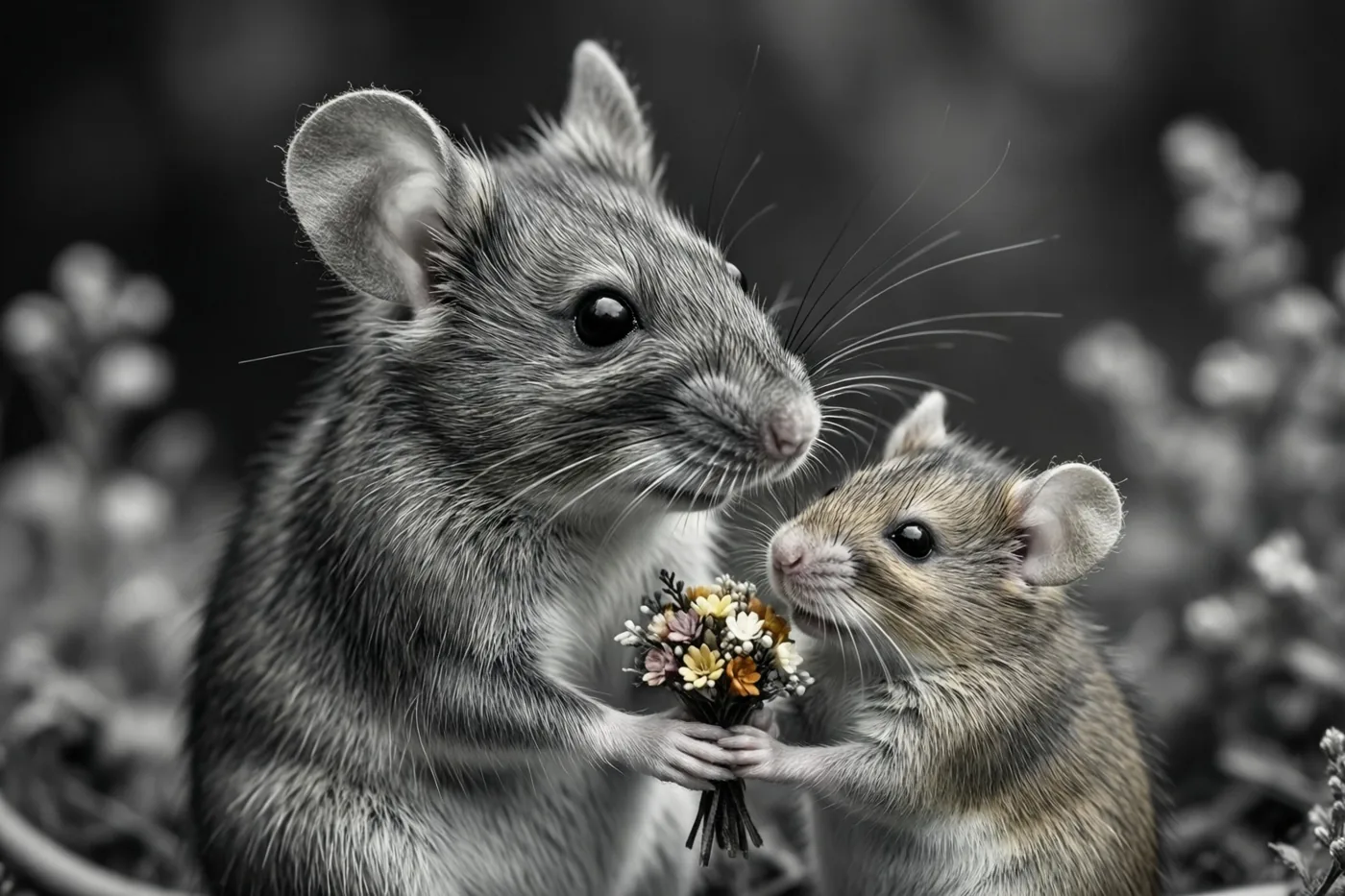Een moedermuis en haar jong houden samen een klein boeketje droogbloemen vast in een zwart-witbeeld met een onscherpe achtergrond.