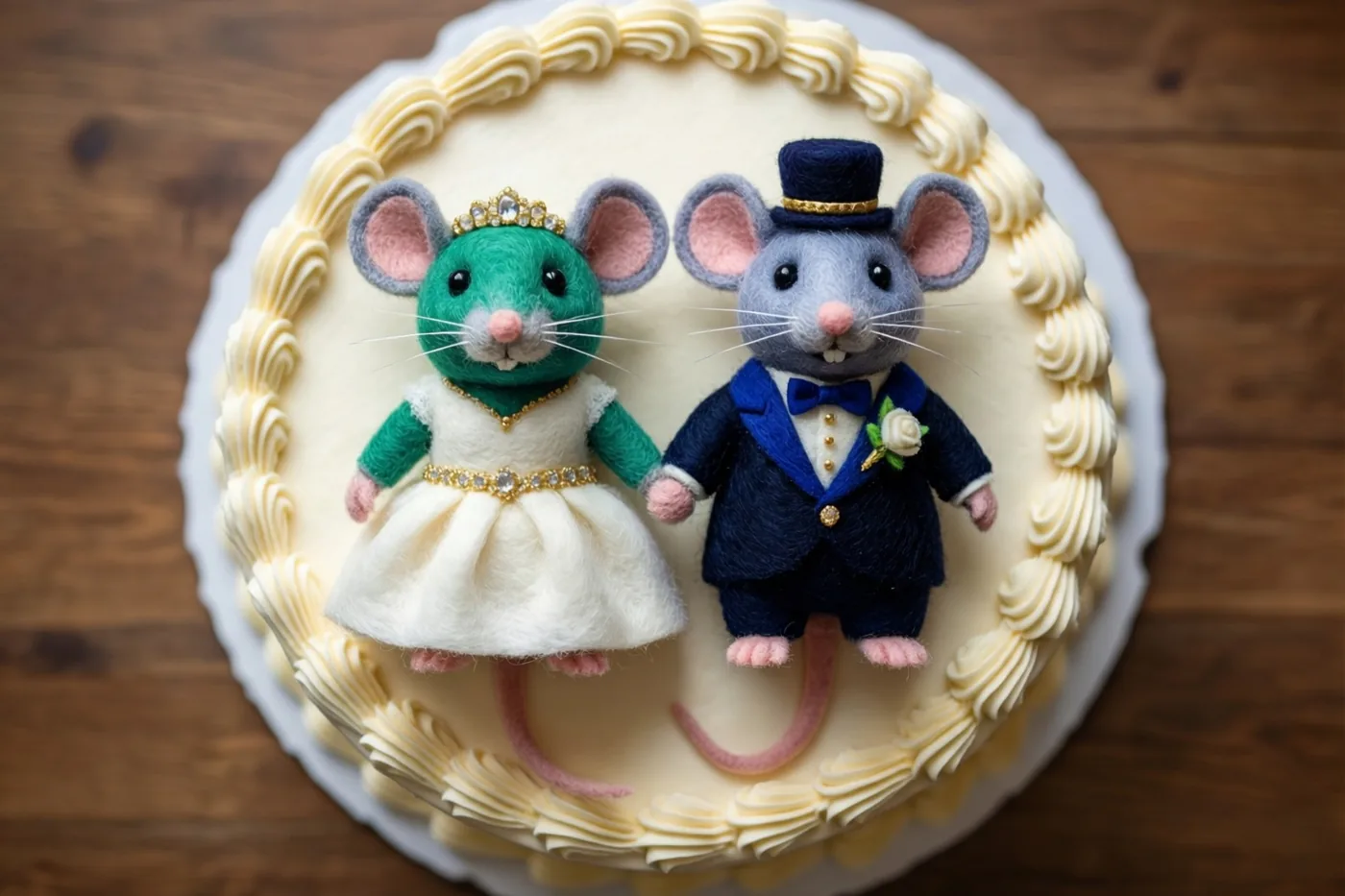 Twee vilten muizen in bruidskleding staan hand in hand op een bruidstaart met crèmekleurig glazuur en opgespoten randen op een houten ondergrond.