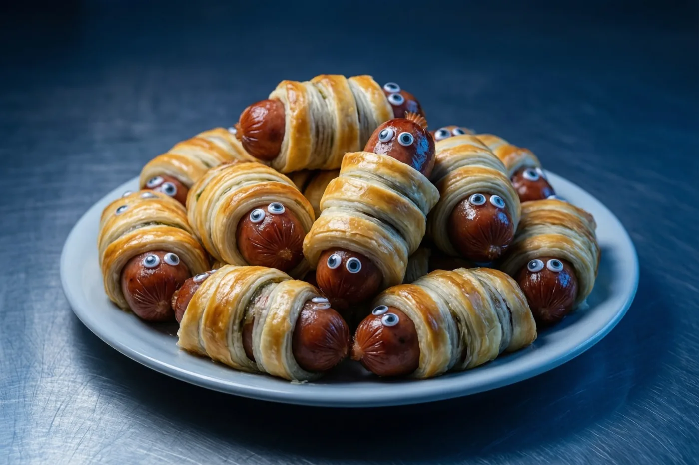 Een bord ligt vol worstjes in goudbruine deegstroken met kleine suikeroogjes, tegen een donkerblauw metalen oppervlak.