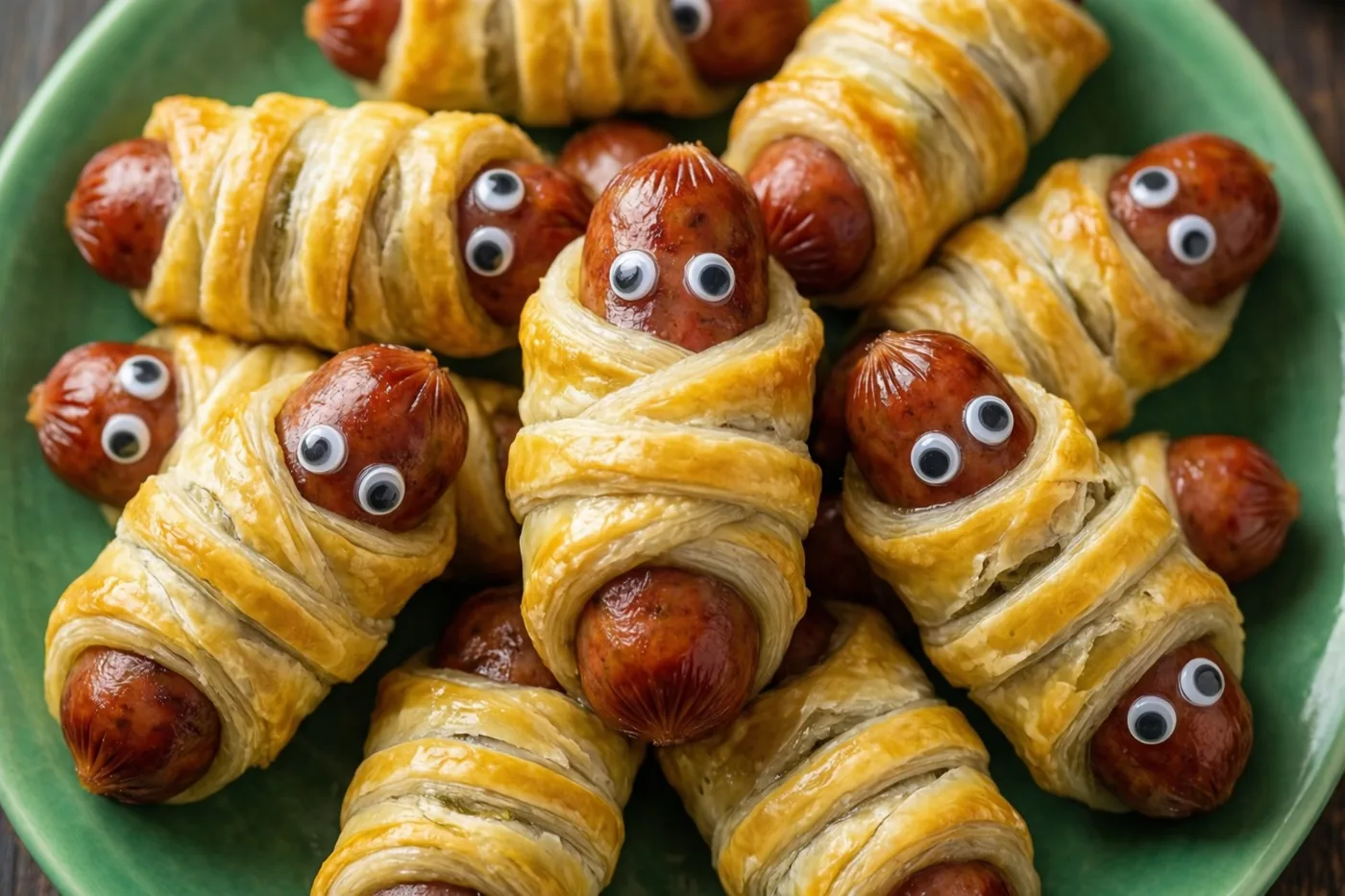 Op een groen bord liggen worstjes in goudbruine deegstroken met grappige oogjes, tegen een donkere houten achtergrond.