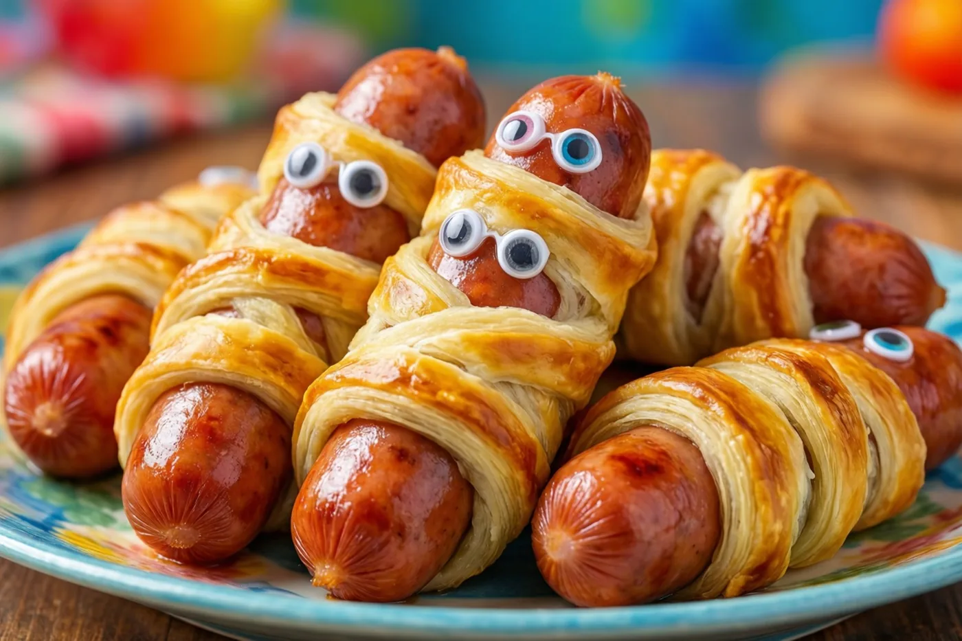 Op een houten oppervlak staat een bord worstjes in goudbruine deegstroken met grappige oogjes, voor een kleurrijke wazige achtergrond.